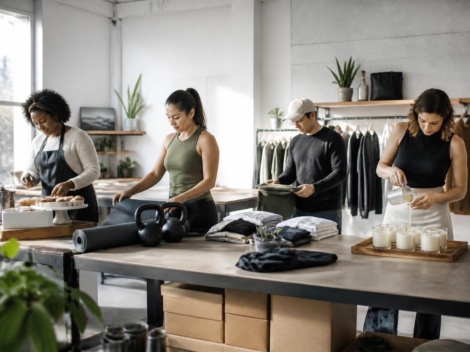 Small business owners working side by side — a baker, a fitness trainer, a clothing maker and a candle maker